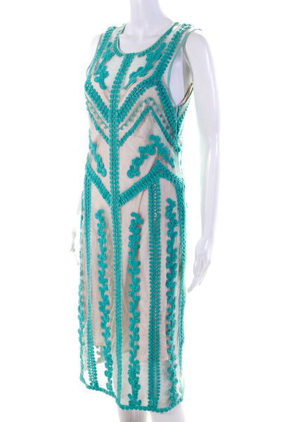 Nanette Lepore Womens Sheer Embroidered Sleeveless Midi Dress Blue Size 6