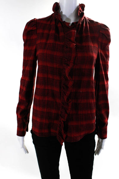 Etoile Isabel Marant Womens Flannel Ruffle Button Up Shirt Blouse Red Black FR36