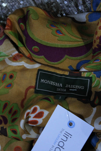 Monisha Jaising Womens Brown Printed Beaded V-Neck Long Sleeve Shift Dress SizeS