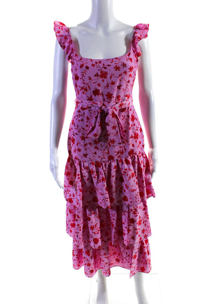 Likely Womens Floral Print Ruffled Sleeveless Tiered Hem Dress Pink Red Size 2