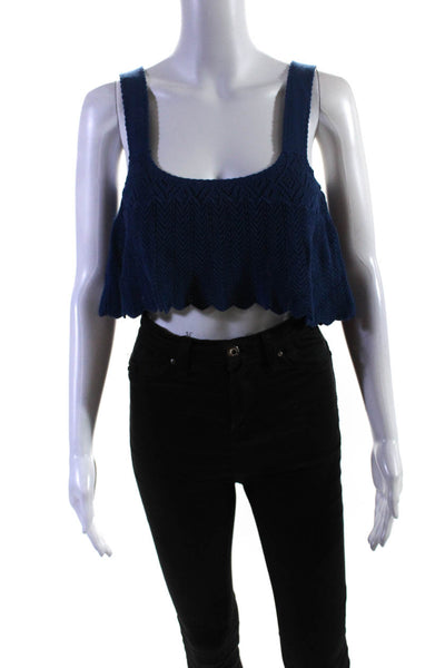 Charlotte Ronson Women's Cotton Crochet Knit Cropped Top Blue Size S