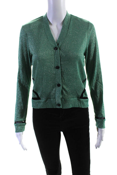 Charlotte Ronson Women's Metallic Lace Trim Button Down Knit Blouse Green Size 2