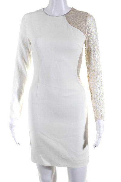 Elie Tahari Womens Lace Side Long Sleeves Midi Sheath Dress White Gold Size 0
