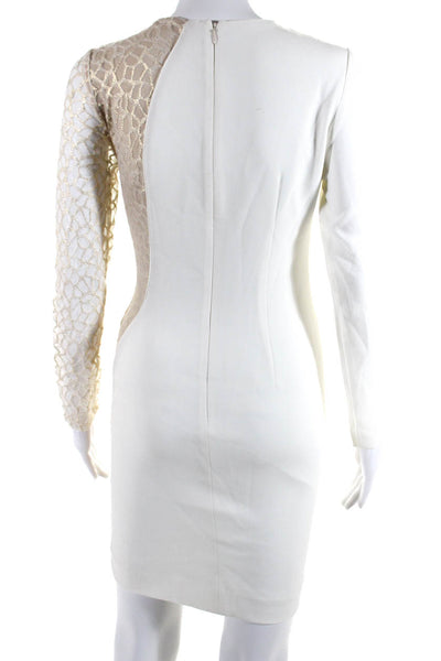 Elie Tahari Womens Lace Side Long Sleeves Midi Sheath Dress White Gold Size 0