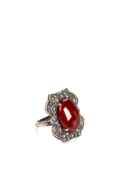 Designer Womens Carnelian Marcasite Sterling Silver Oval Cut Ring Size 5.5
