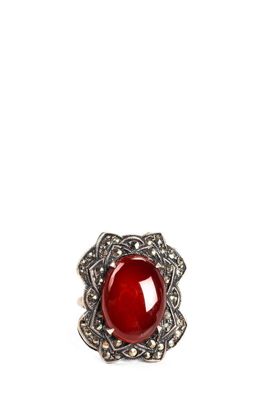 Designer Womens Carnelian Marcasite Sterling Silver Oval Cut Ring Size 5.5