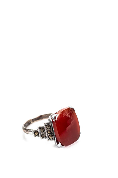 Designer Womens Art Deco Style Carnelian Marcasite Sterling Silver Ring Size 6