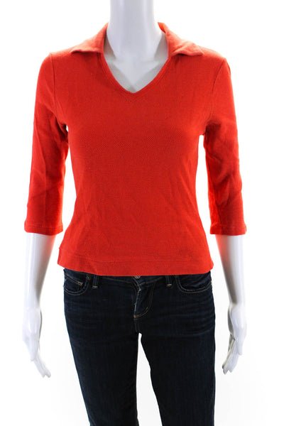 Malo Womens Cotton Textured Collared 3/4 Sleeve Cropped Polo Top Orange Size 44