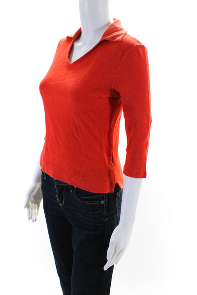 Malo Womens Cotton Textured Collared 3/4 Sleeve Cropped Polo Top Orange Size 44