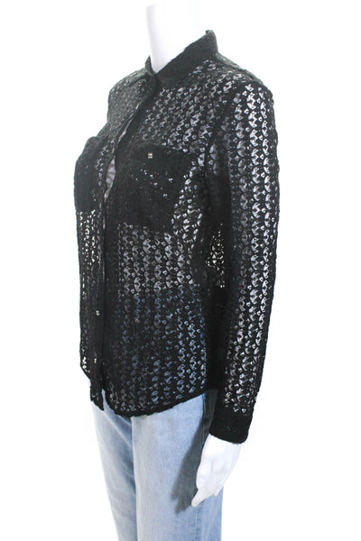 The Kooples Womens Cotton Lace Long Sleeve Studded Button Up Top Black Size 2XS