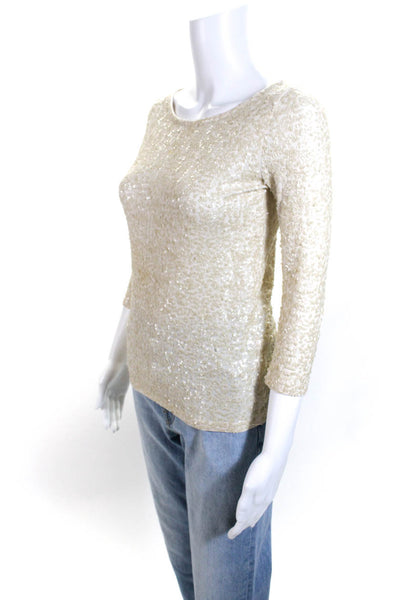 J Crew Womens Cotton Sequin Embellished Boat Neck Long Sleeve Top Beige Size 2XS