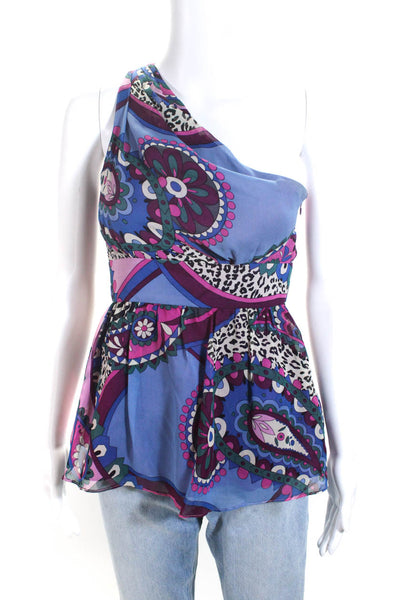 Tibi Womens Side Zip One Shoulder Printed Silk Blouse Top Purple Blue Size 2