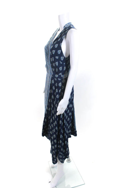Maeve Anthropologie Womens Sleeveless V Neck Paisley Midi Dress Navy Blue Size 6
