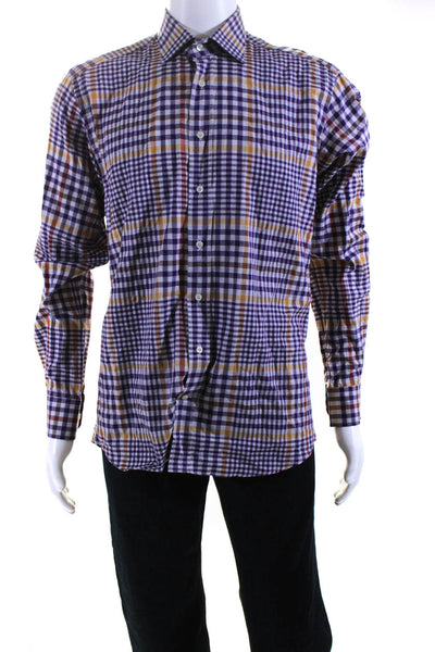 Etro Mens Plaid Button Down Long Sleeves Shirt Purple Yellow Cotton Size EUR 40