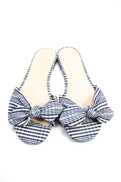J Crew Womens Check Print Knotted Open Toe Slide Sandals White Blue Size 10US