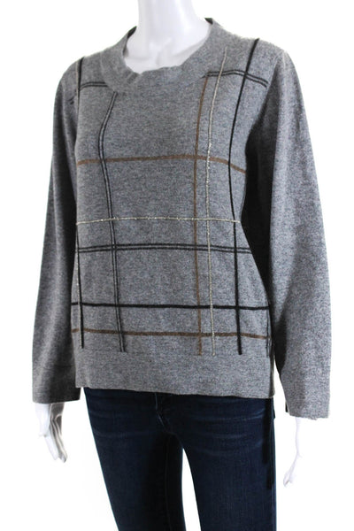 Fabiana Filippi Womens Crew Neck Beaded Plaid Sweater Gray Wool Size Extra Small