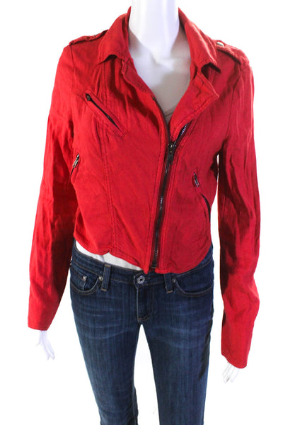 Free People Womens Linen Blend Collared Long Sleeve Zip Up Jacket Red Size 6
