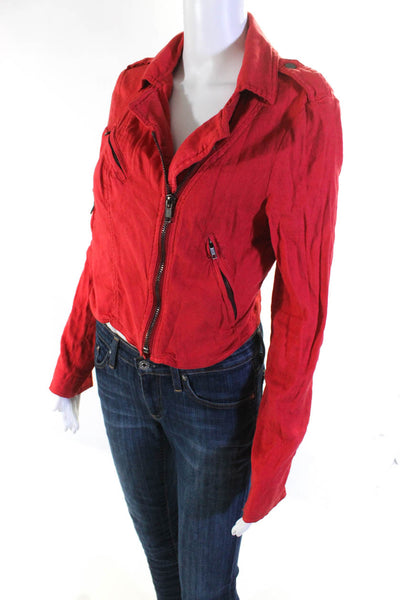 Free People Womens Linen Blend Collared Long Sleeve Zip Up Jacket Red Size 6