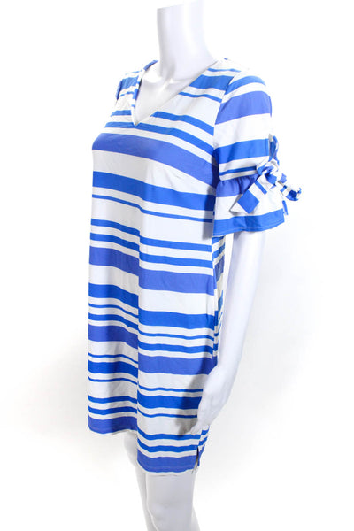 Jude Connally Womens Short Sleeve V Neck Striped Sheath Dress White Blue Small