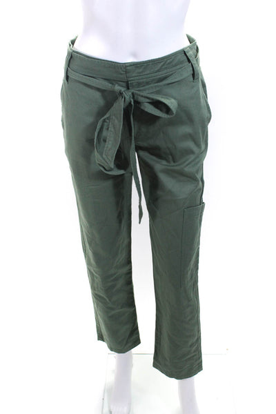Tibi Womens Zipper Fly Belted High Rise Straight Leg Pants Green Cotton Size 0