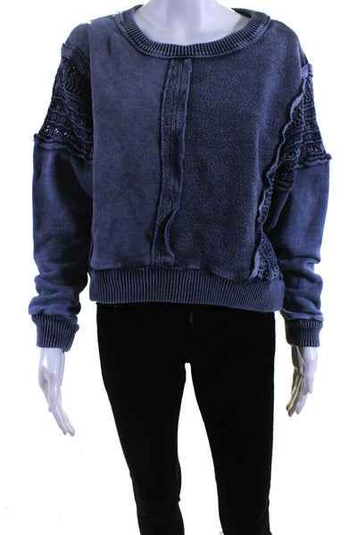 Vintage Havana Womens Pullover Round Neck Short Sweatshirt Blue Cotton Small