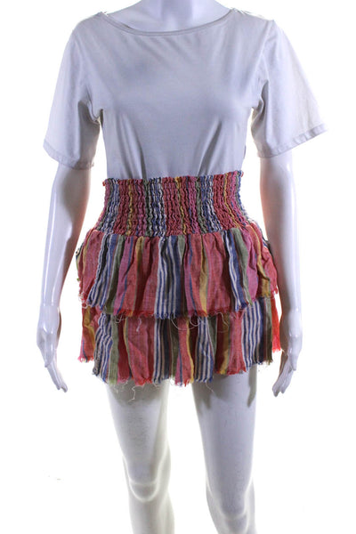 Sundays Womens Smocked Waistband Striped Tiered Skirt Pink Orange White Size 2