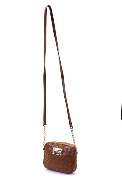 Michael Kors Womens Leather Woven Gold Tone Crossbody Shoulder Handbag Brown