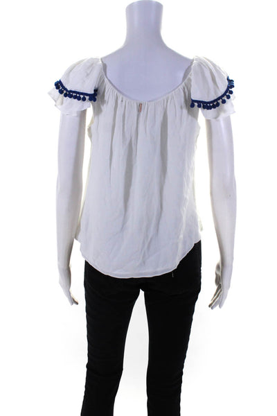 Misa Womens Pom-Pom Trim Short Sleeve Off The Shoulder Blouse Top White Size XS