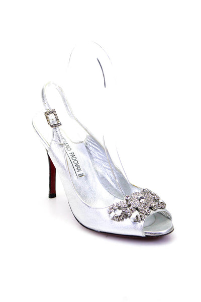 Luciano Padovan Womens Leather Open Toe Slingback Heels Silver Size 36.5 6.5