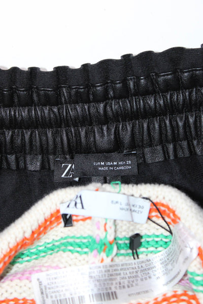 Zara Womens Faux Leather Knit Striped Shorts White Black Size Medium Large Lot 2