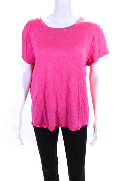 Frame Womens Short Sleeve Scoop Neck Linen Tee Shirt Pink Size Large
