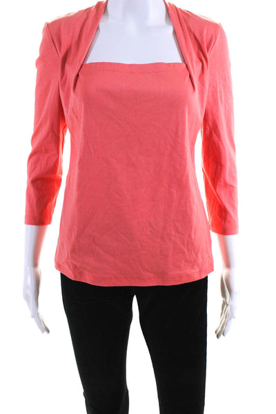 Lafayette 148 New York Womens Cotton 3/4 Sleeve Square Neck Shirt Orange Size M