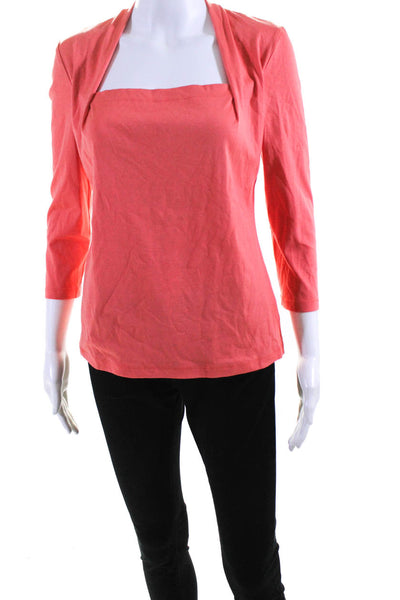 Lafayette 148 New York Womens Cotton 3/4 Sleeve Square Neck Shirt Orange Size M