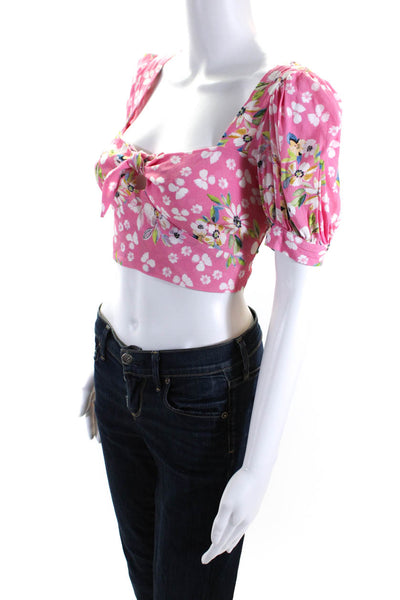 Yumi Kim Womens Floral Print Short Sleeves Wrap Blouse Pink Size Medium