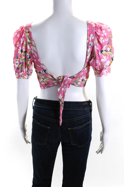 Yumi Kim Womens Floral Print Short Sleeves Wrap Blouse Pink Size Medium