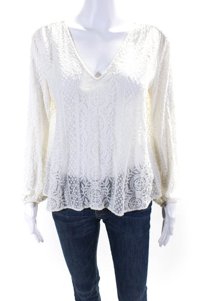 Theory Womens Silk Embroidered Long Sleeve V-Neck Lined Blouse Top Ivory Size S