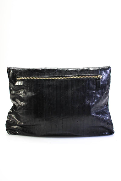 Thakoon Leather Eel Skin Large Fold Over Snap Clutch Handbag Black
