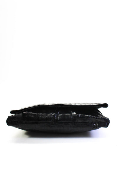 Thakoon Leather Eel Skin Large Fold Over Snap Clutch Handbag Black