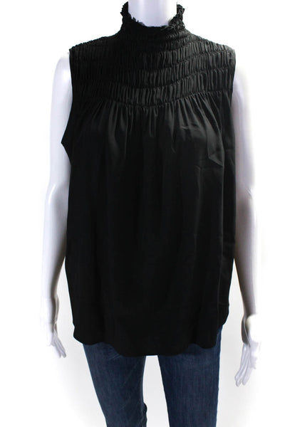 Frame Women's Smocked Sleeveless Mock Neck Silk Top Black Size L