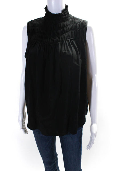 Frame Women's Smocked Sleeveless Mock Neck Silk Top Black Size L