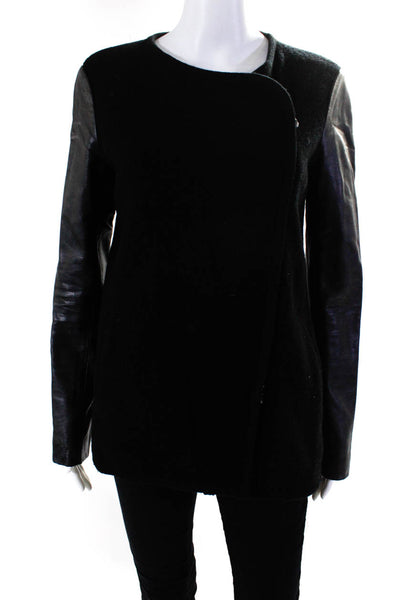 Vince Womens Wool Fleece Leather Sleeve Asymmetrical Zip Jacket Black Size S