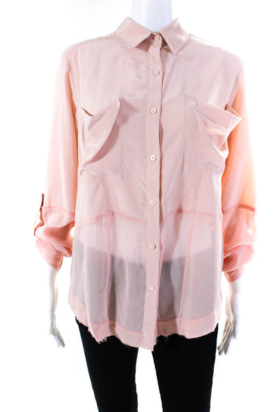 Artelier Nicole Miller Womens Silk Chiffon Tulle Hem Button Up Top Pink Size S