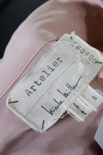 Artelier Nicole Miller Womens Silk Chiffon Tulle Hem Button Up Top Pink Size S