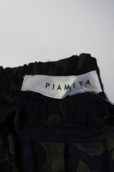 Piamita Womens Elastic Waist Floral Satin Pleated A Line Skirt Navy Green XS