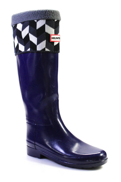 Hunter Womens Rubber Cuban Heel Knee High Printed Rain Boots Dark Purple Size 7U