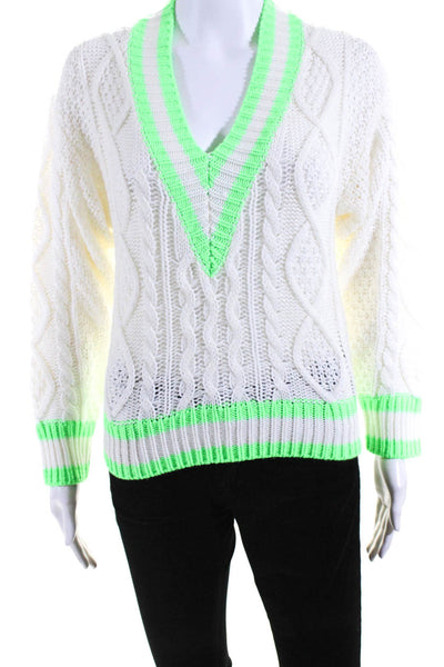 Superdown Womens Crochet Colorblock V-Neck Sweater Top Ivory White Green Size S