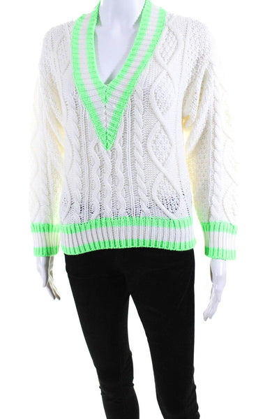 Superdown Womens Crochet Colorblock V-Neck Sweater Top Ivory White Green Size S