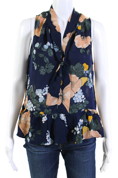 Joie Women's Silk Floral Print Sleeveless Tie Collar Ruffle Blouse Navy Size S