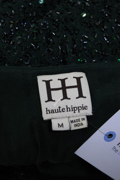 Haute Hippie Womens Cowl Neck Beaded Sequin Backless Sheath Dress Green Medium