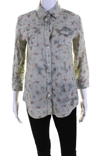 Elizabeth and James Womens Flora Print Shirt Green Cotton Size  Extra Small